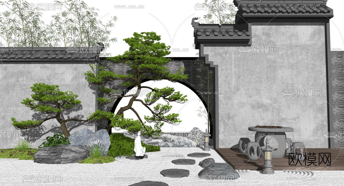 新中式庭院景观su模型