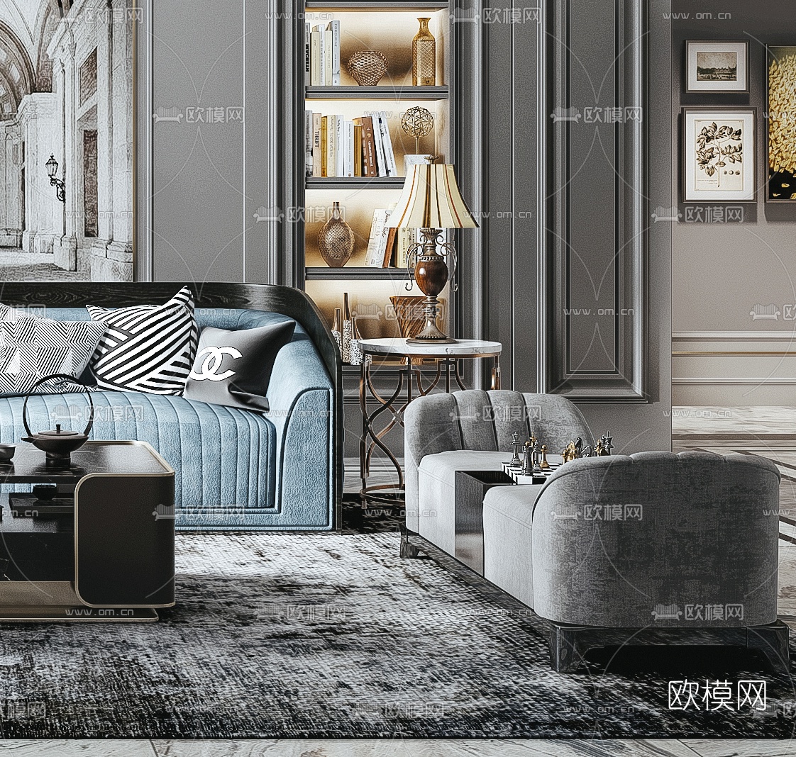 简欧绒布沙发组合3d模型