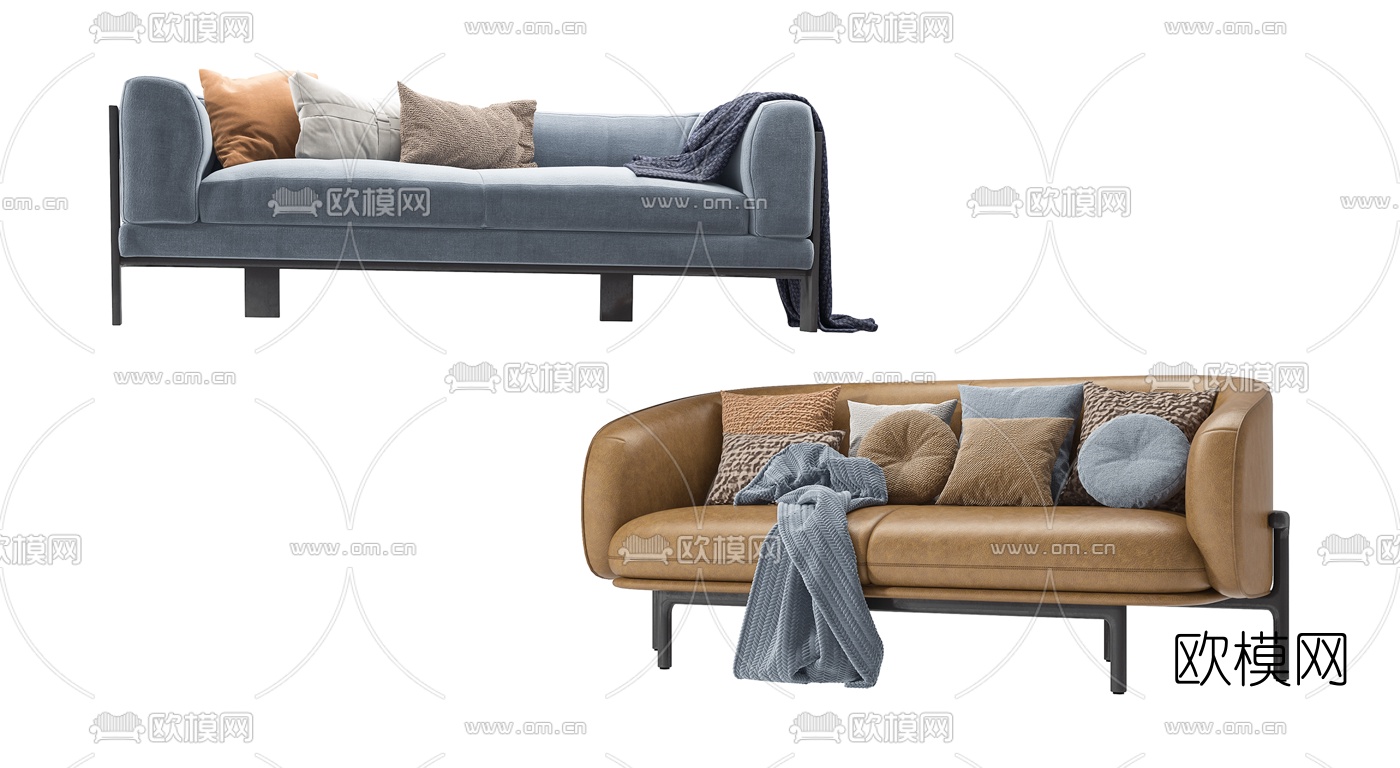 现代皮革布艺双人沙发3d模型下载