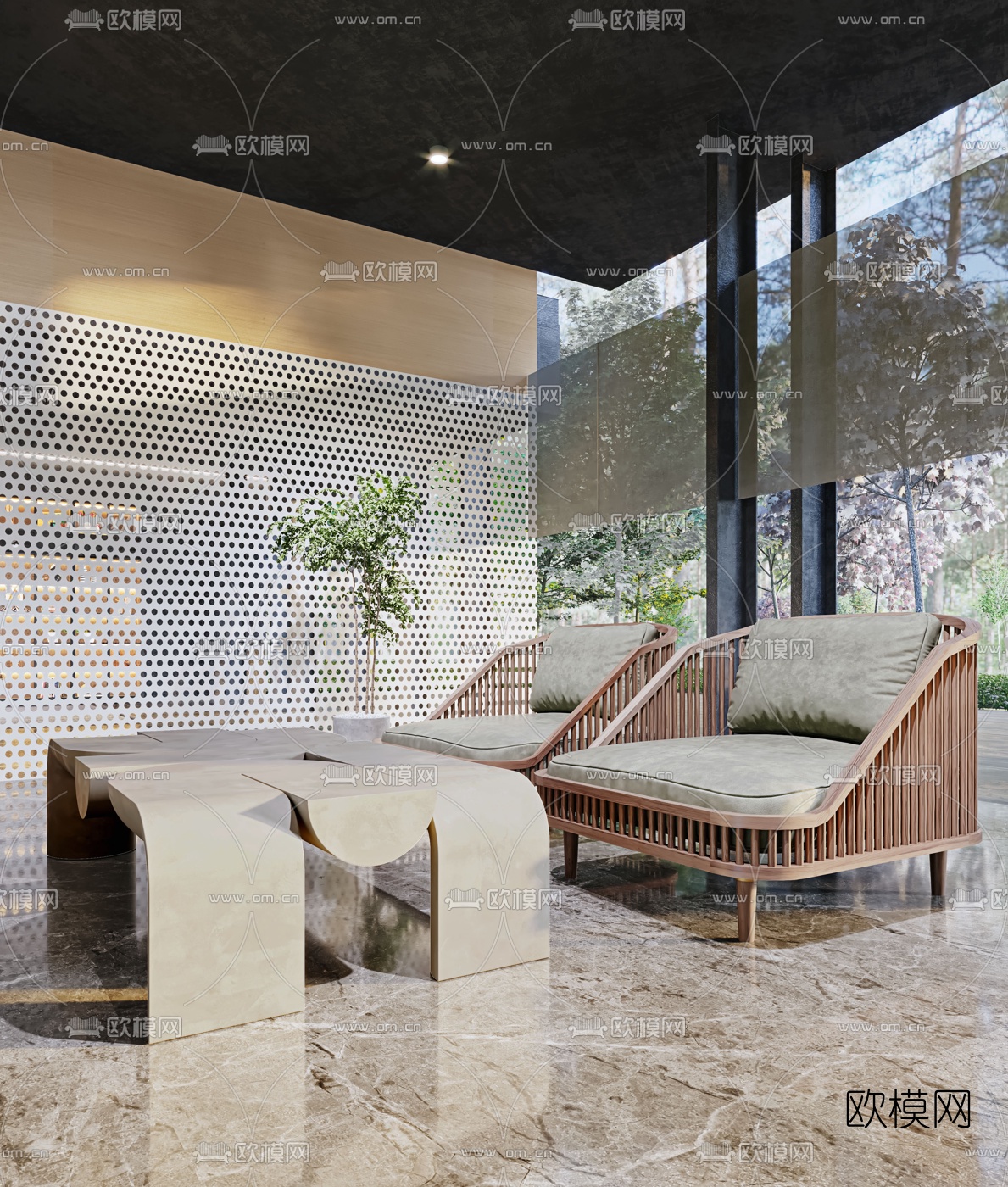 现代会所泳池休闲区3d模型下载（渲染图2）