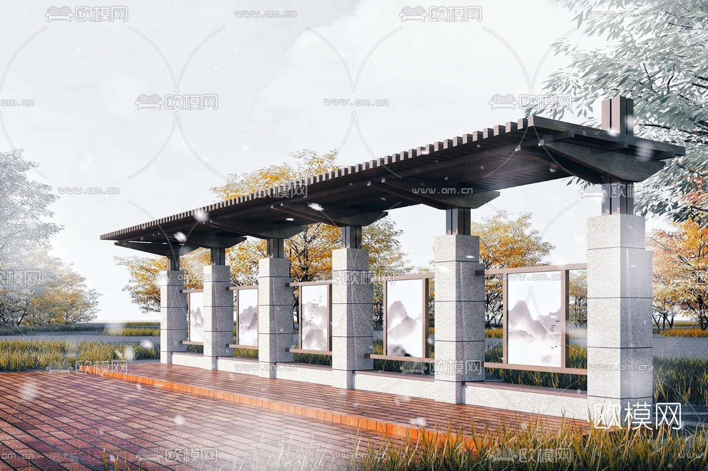 新中式非机动车棚3d模型下载