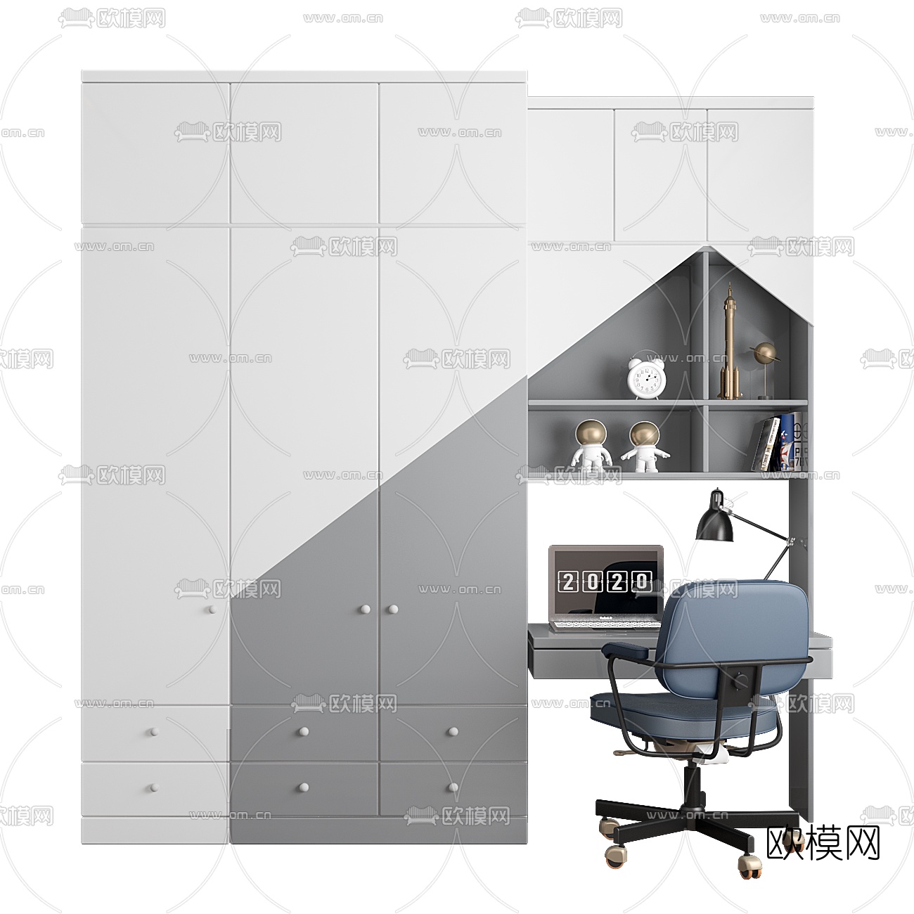 现代儿童书柜书桌椅3d模型下载（渲染图2）
