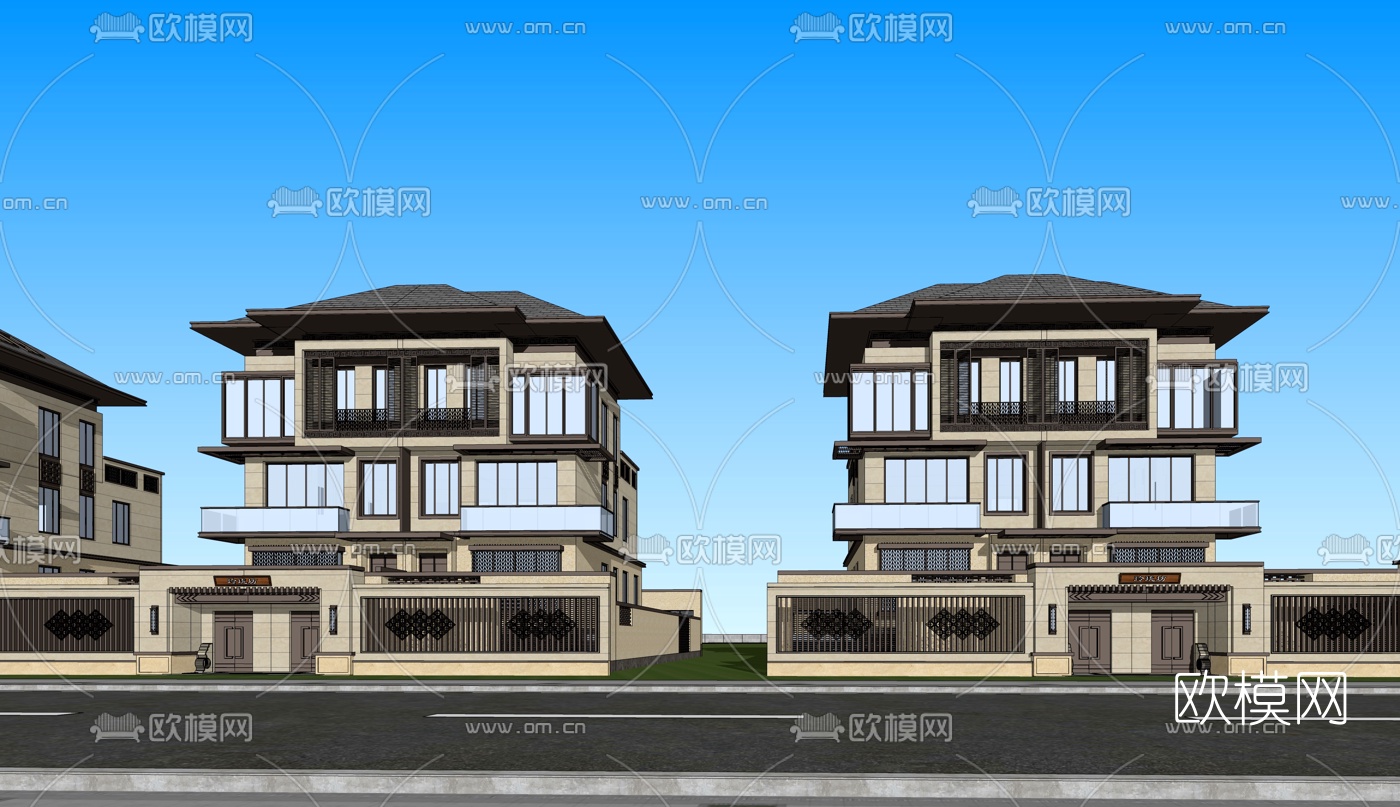 新中式别墅外观su模型下载（渲染图3）