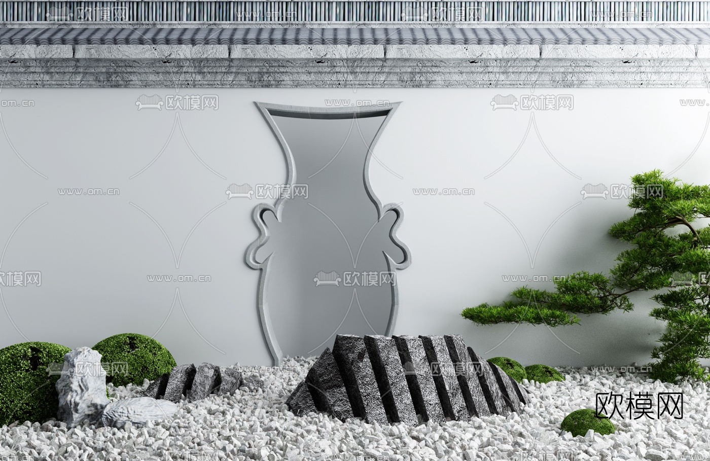 新中式庭院假山松树景观小品3d模型下载