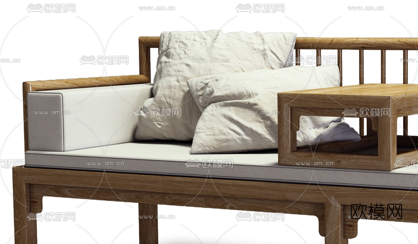 新中式实木双人沙发罗汉床3d模型下载（渲染图3）