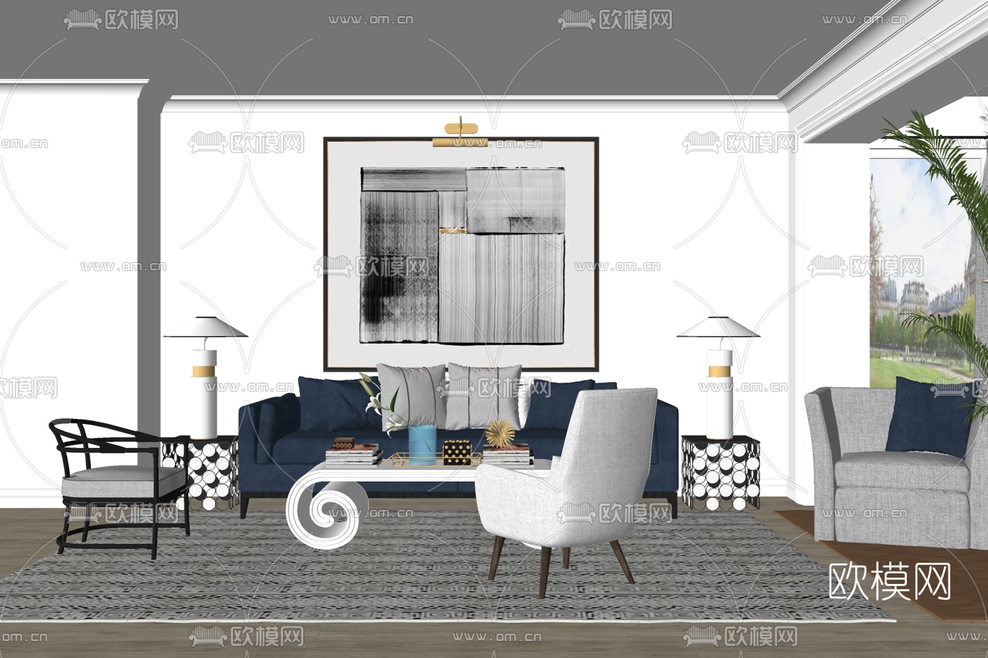 现代布艺组合沙发免费su模型下载