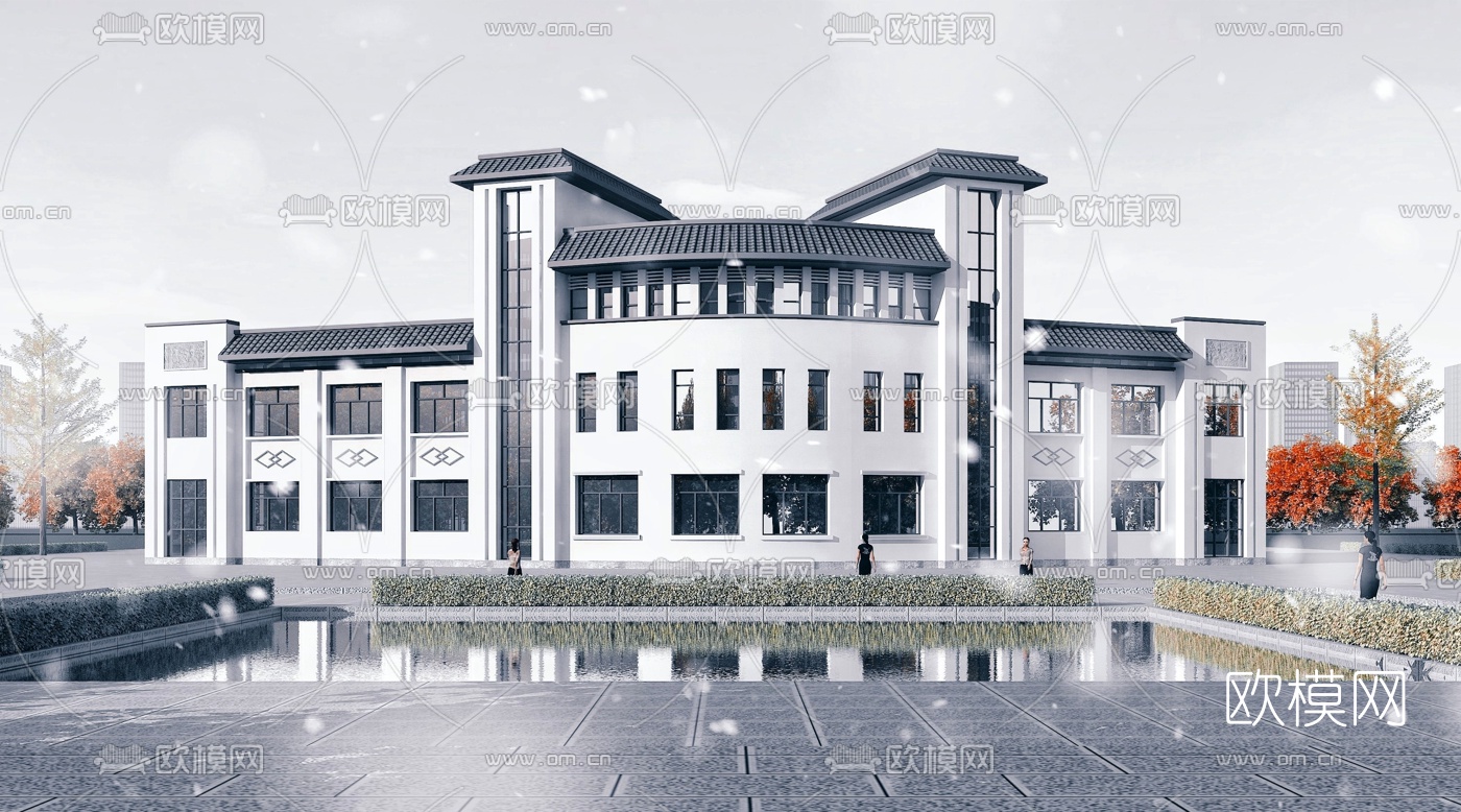 新中式办公楼建筑外观3d模型