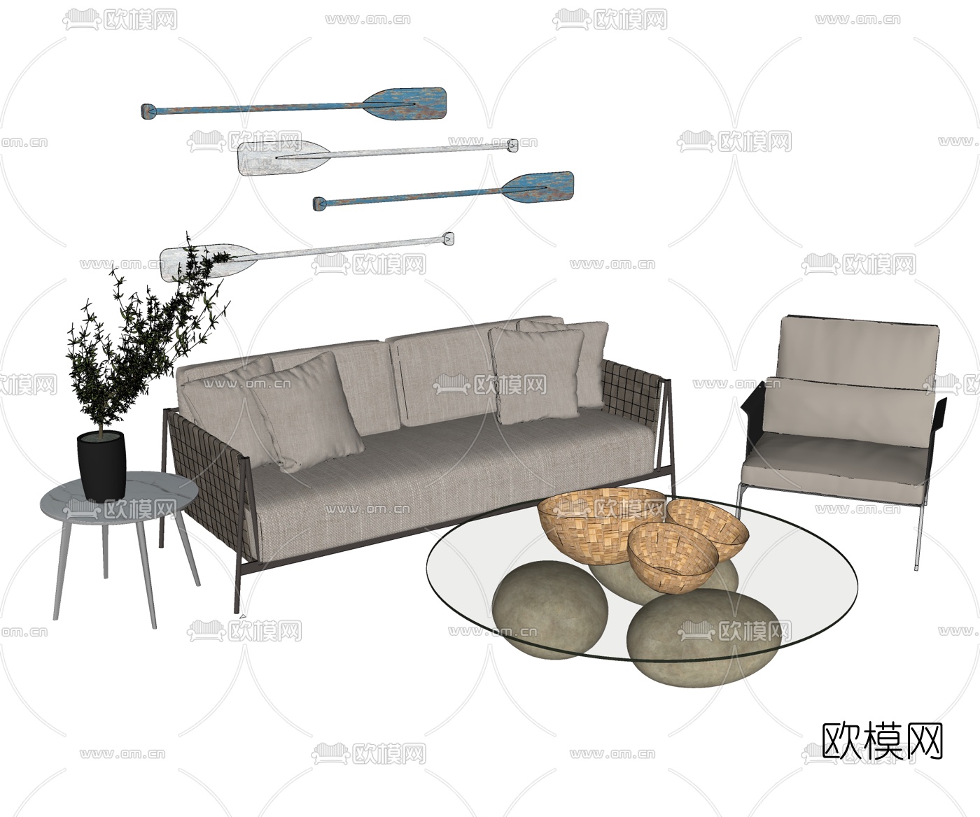 现代布艺多人沙发su模型下载