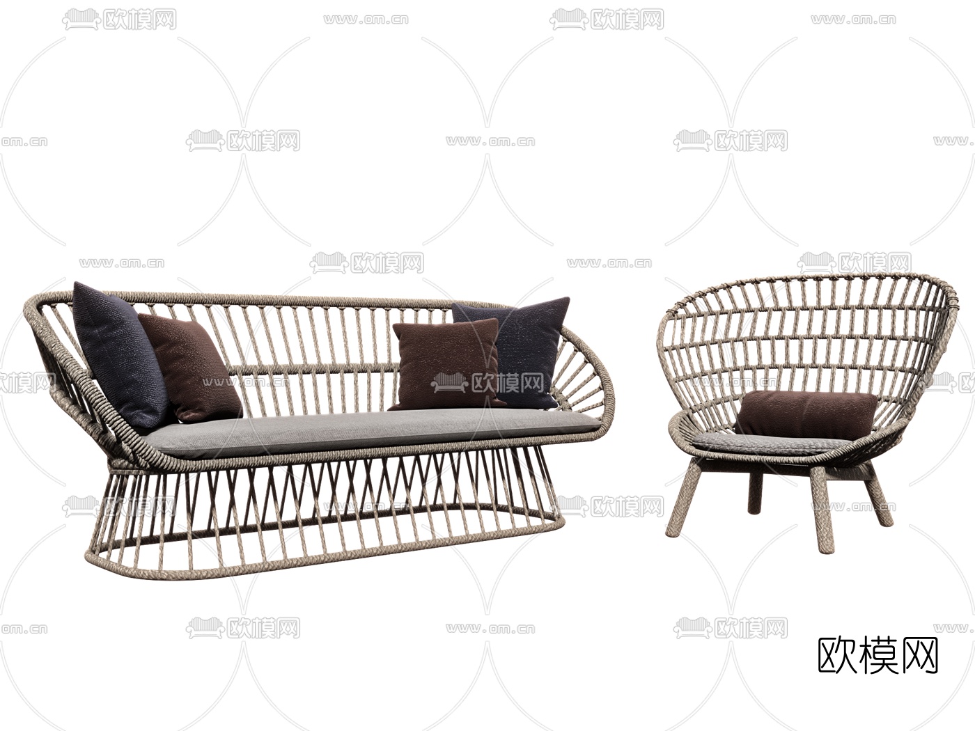现代藤椅户外沙发3d模型下载（渲染图2）