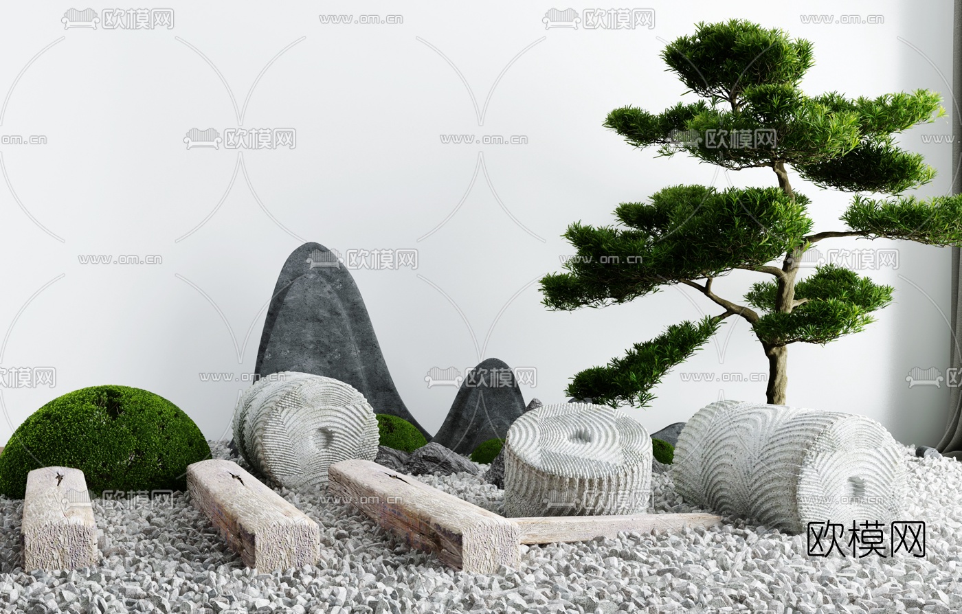 新中式石磙松树景观小品3d模型
