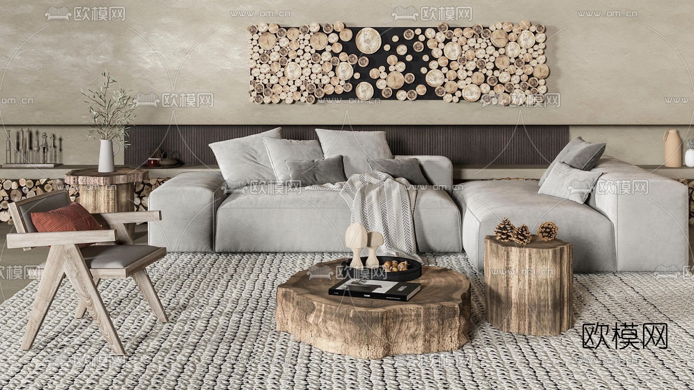 自然风布艺沙发组合3d模型下载（渲染图4）