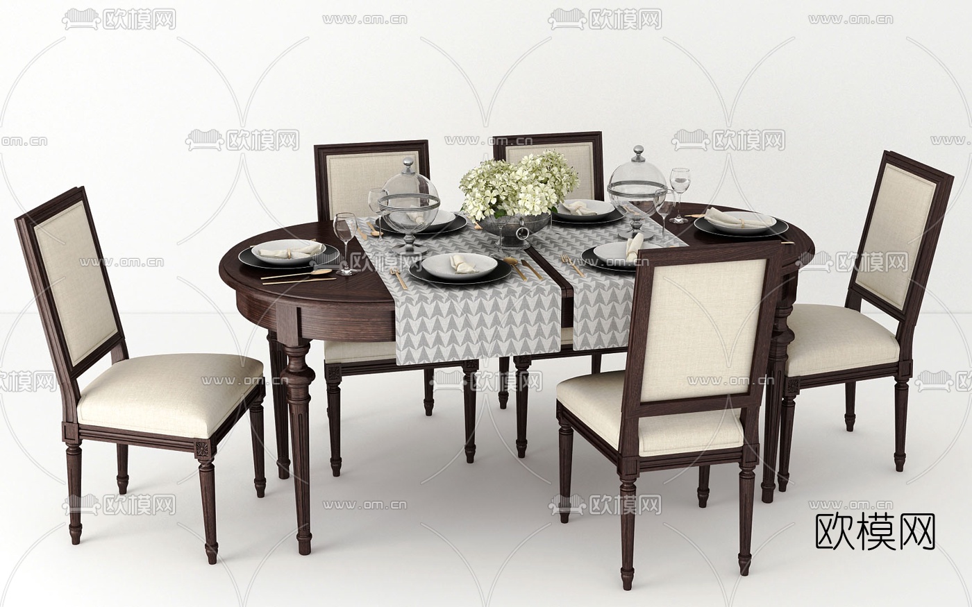 美式椭圆餐桌椅3d模型下载