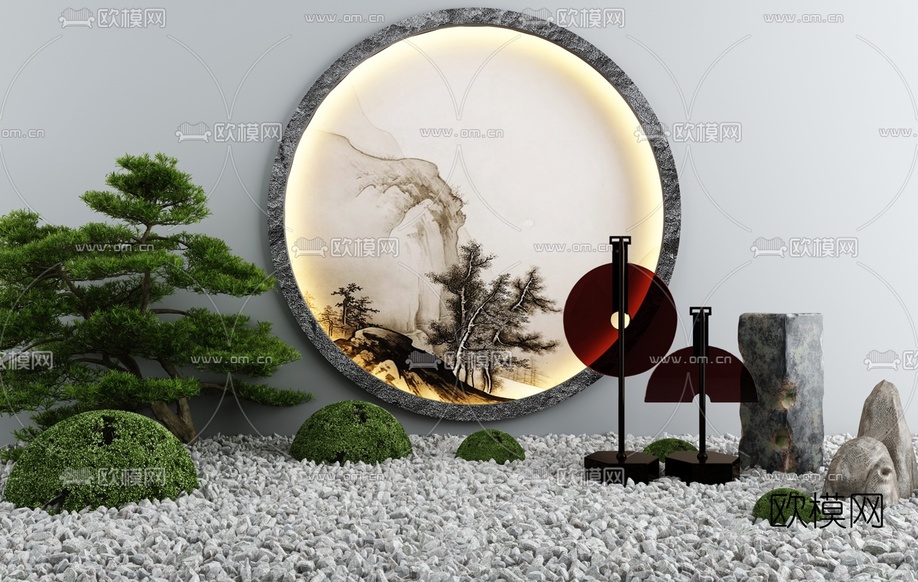 新中式松树山石景观小品3d模型下载