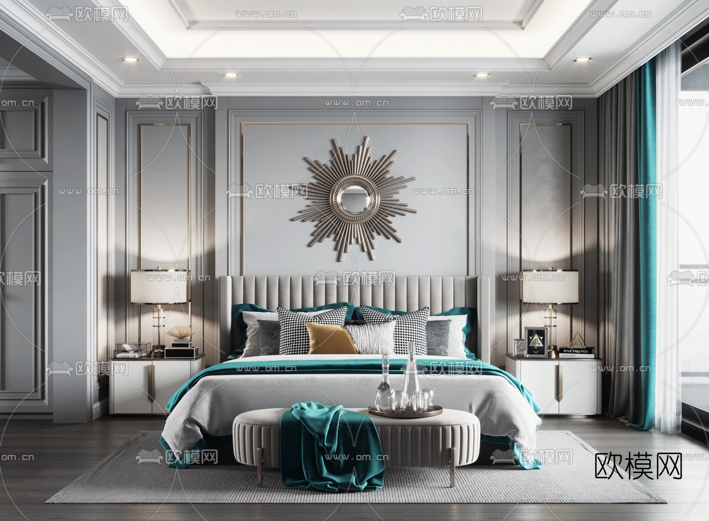 美式布艺双人床3d模型下载