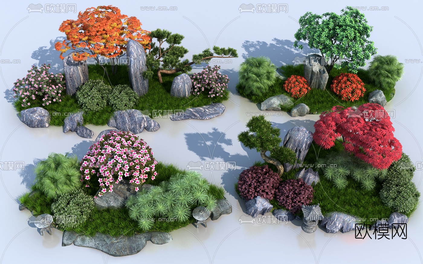 中式花草枯石庭院景观3d模型