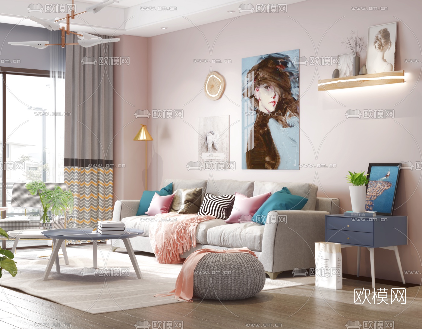 北欧时尚客厅3d模型下载（渲染图1）