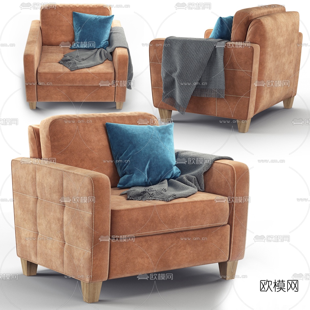北欧布艺单人沙发3d模型下载（渲染图1）