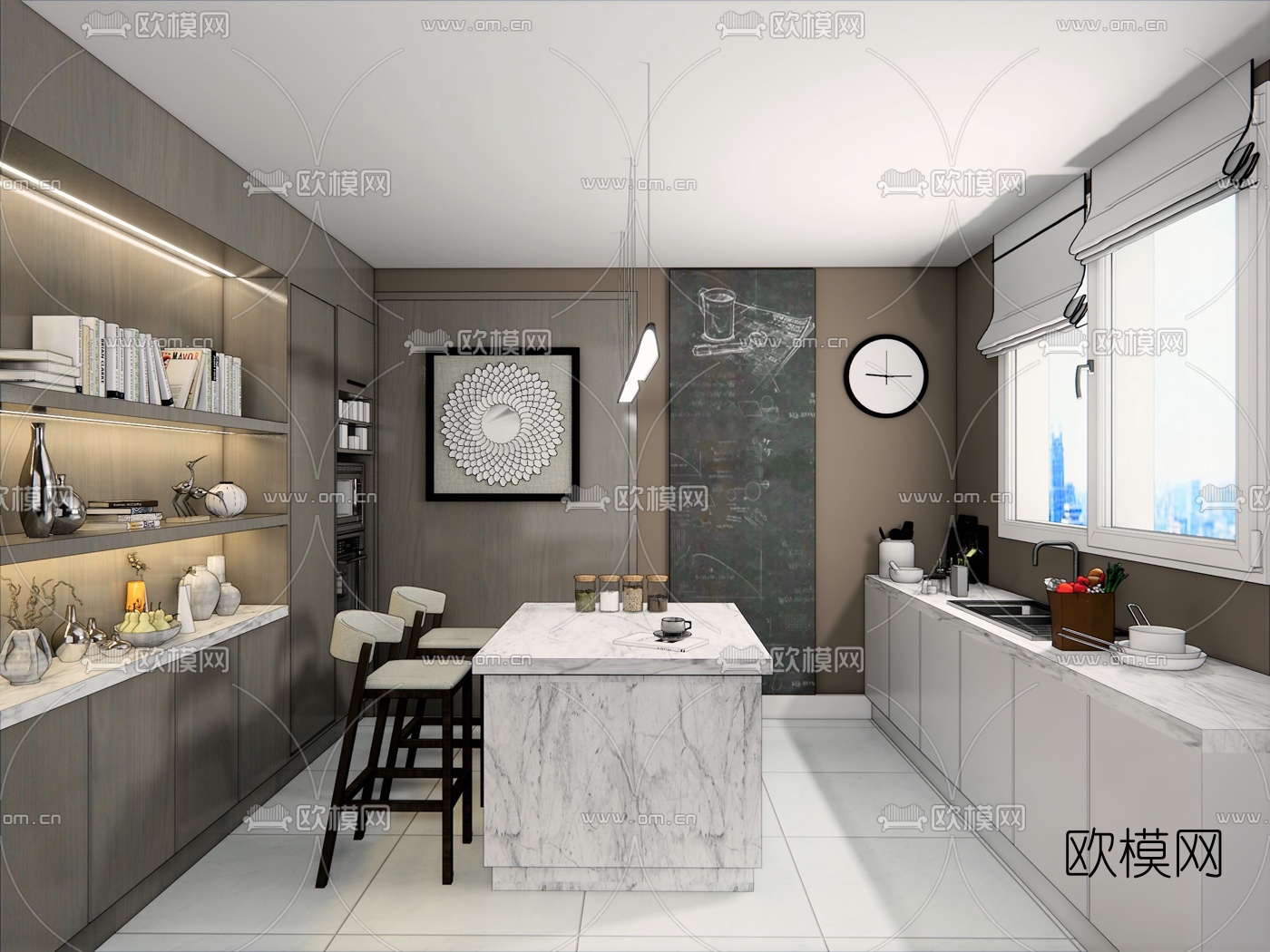 现代厨房中岛台su模型下载（渲染图1）