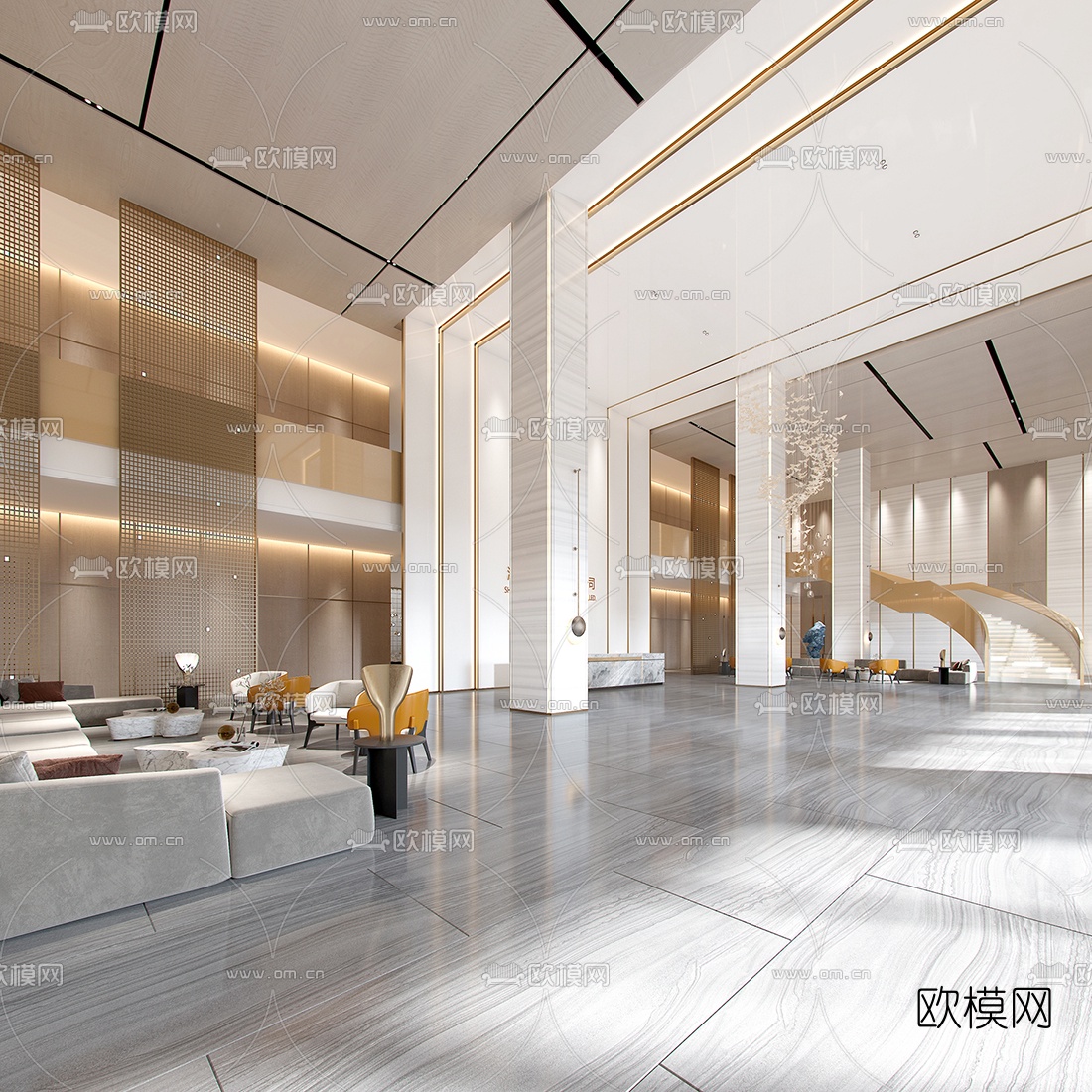 新中式公司办公楼大堂前台3d模型下载（渲染图2）