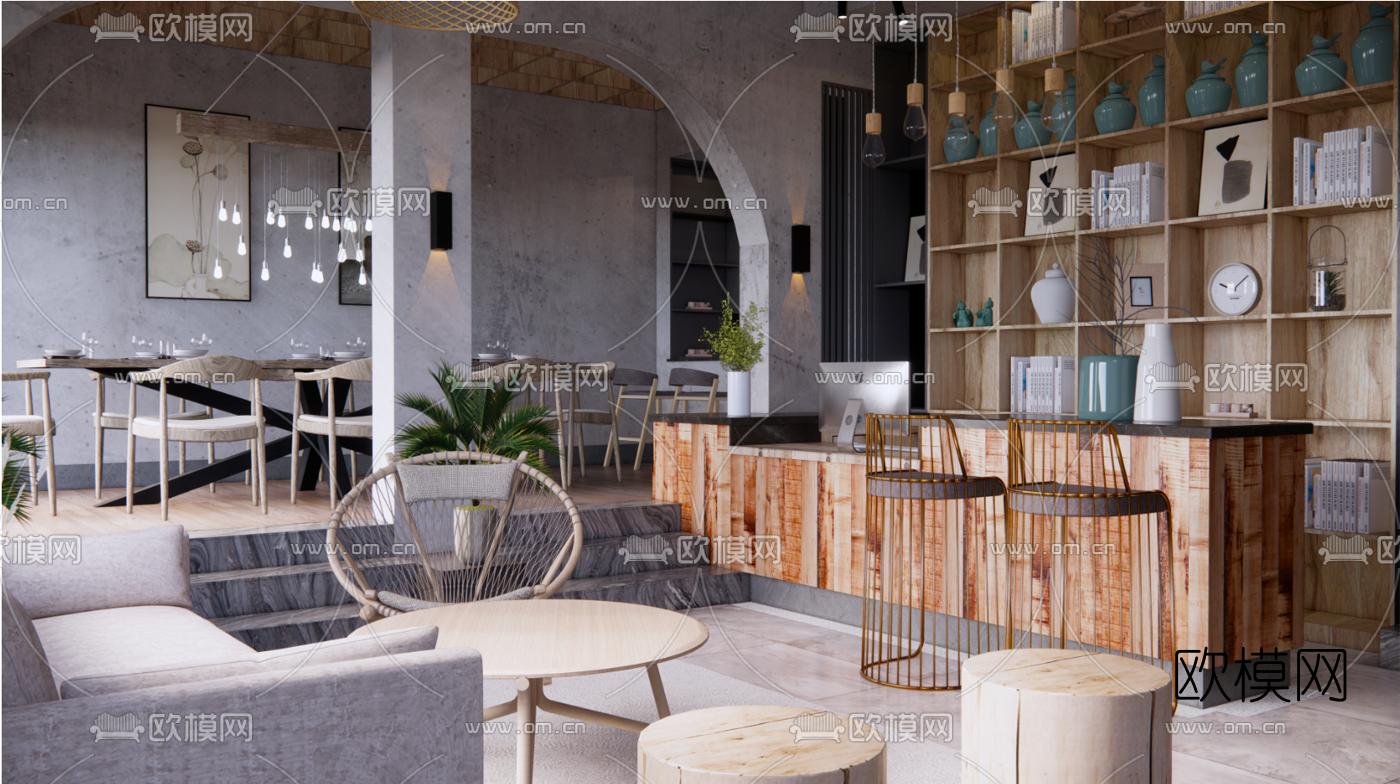 新中式民宿前台su模型下载（渲染图1）