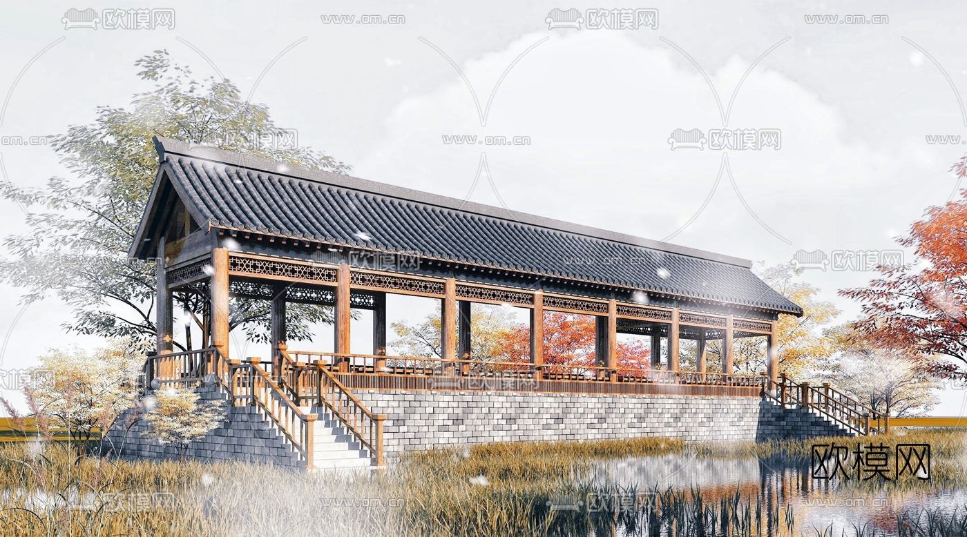 中式古建景观长廊3d模型下载
