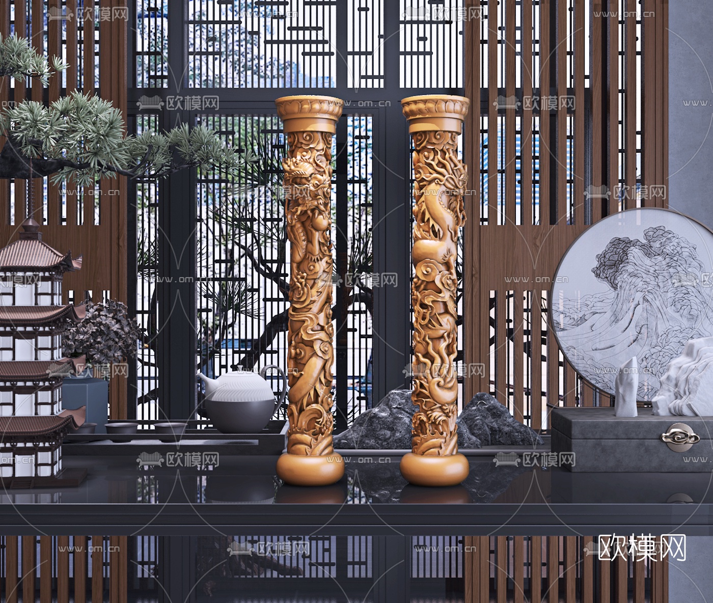 中式龙柱雕塑3d模型
