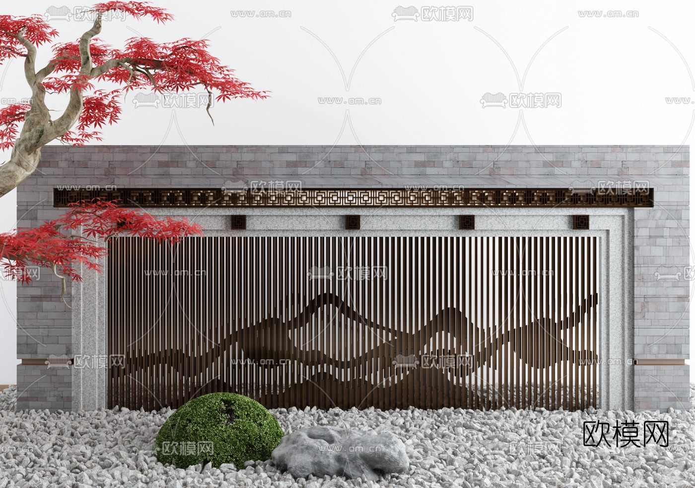 新中式红枫树景墙小品3d模型下载