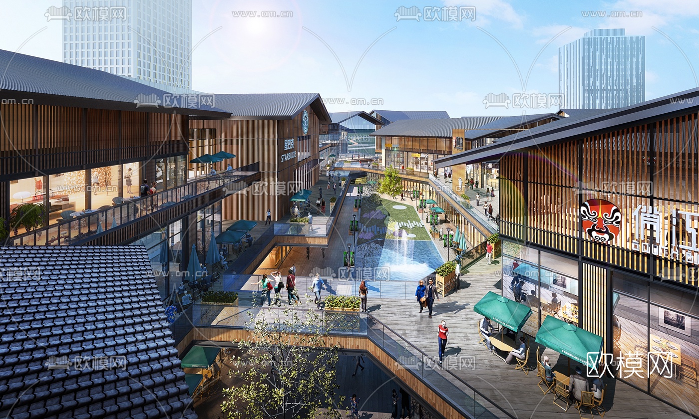 新中式商业街su模型下载（渲染图1）