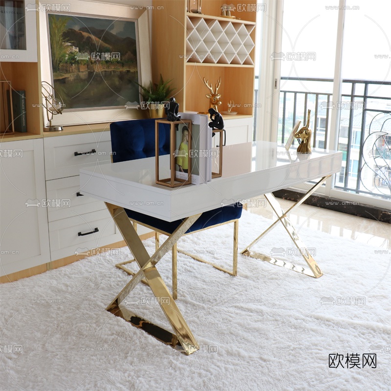 现代轻奢书桌椅su模型下载（渲染图2）