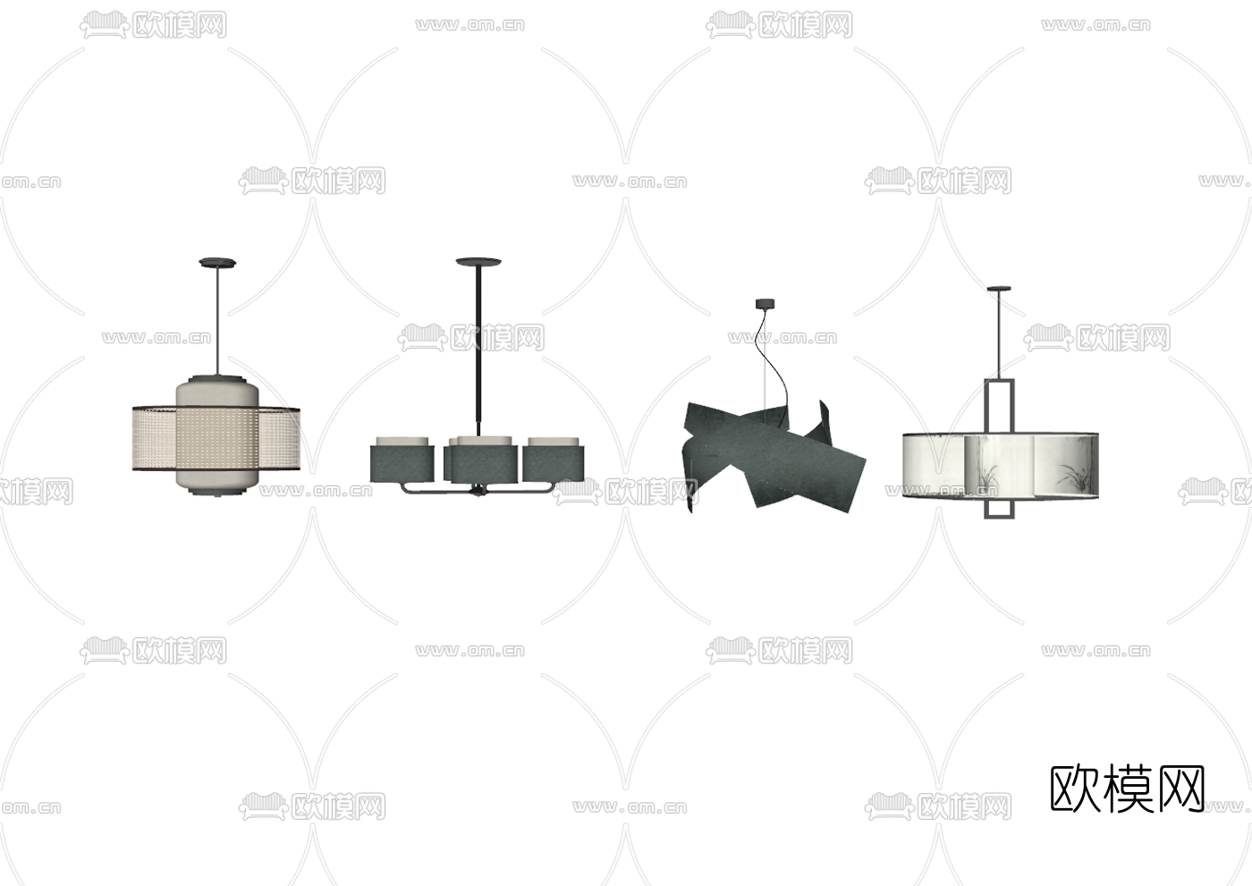 新中式藤编布艺吊灯su模型下载（渲染图2）