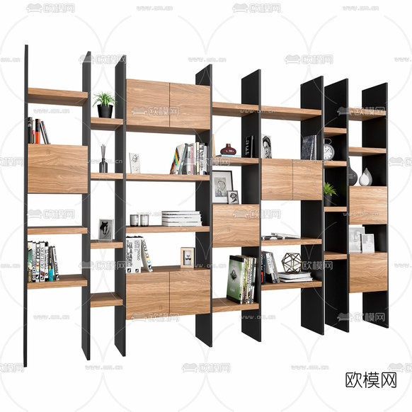 现代原木书架装饰架3d模型下载(渲染图2)
