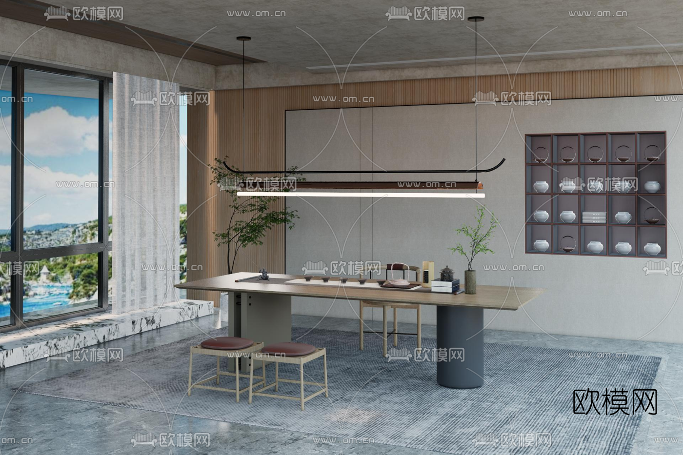 新中式茶室su模型下载（渲染图1）