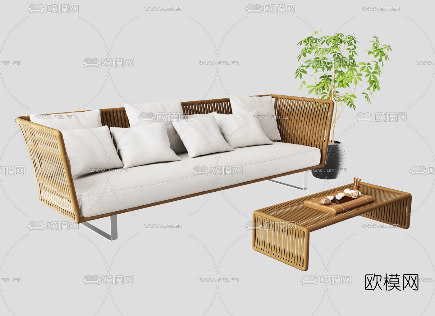 北欧藤编多人沙发3d模型下载