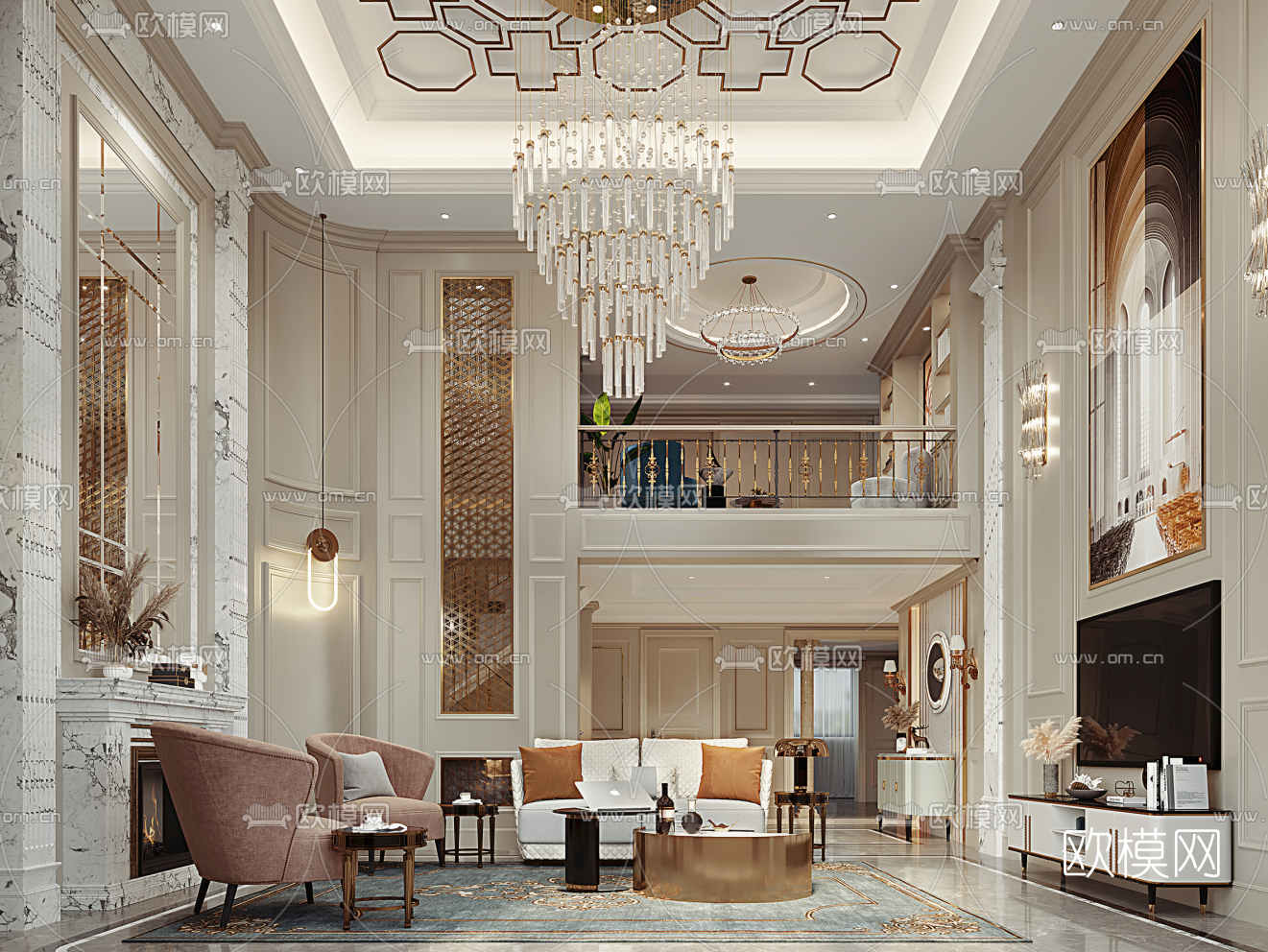 简欧轻奢别墅客厅3d模型下载（渲染图3）