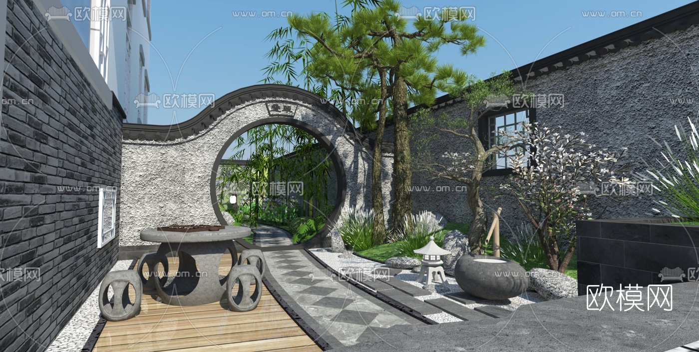 新中式别墅庭院景观su模型下载（渲染图1）