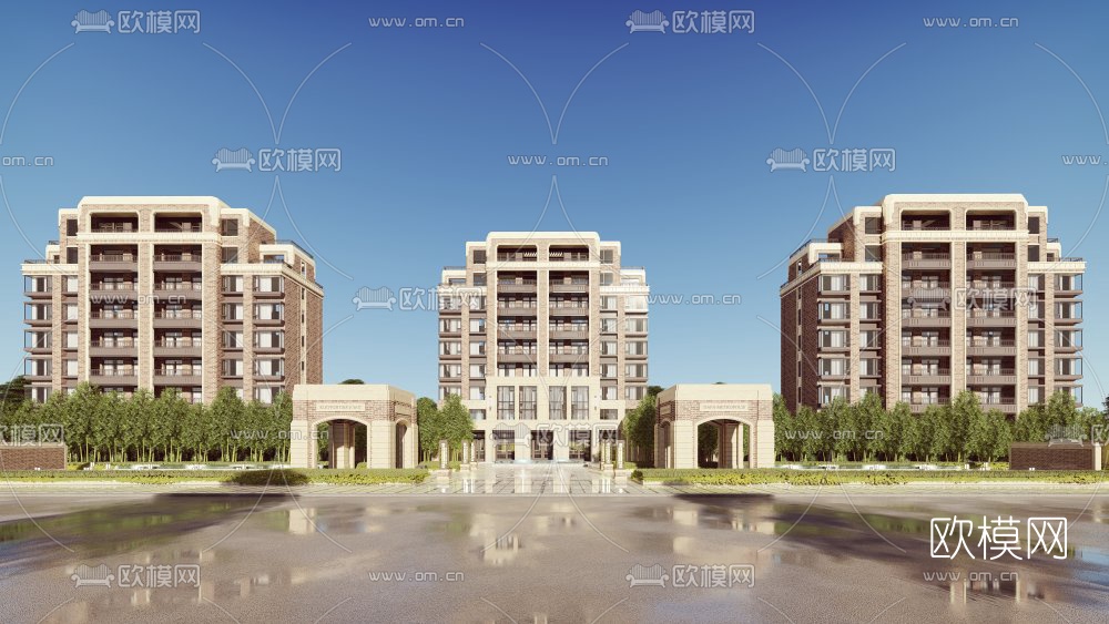 美式高层住宅建筑外观su模型下载（渲染图2）
