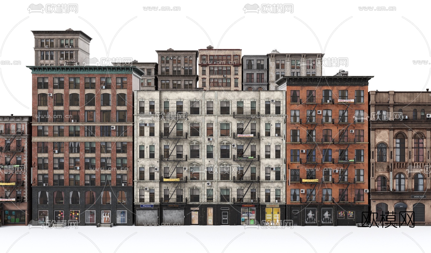 美式街道楼房建筑构件3d模型下载（渲染图3）