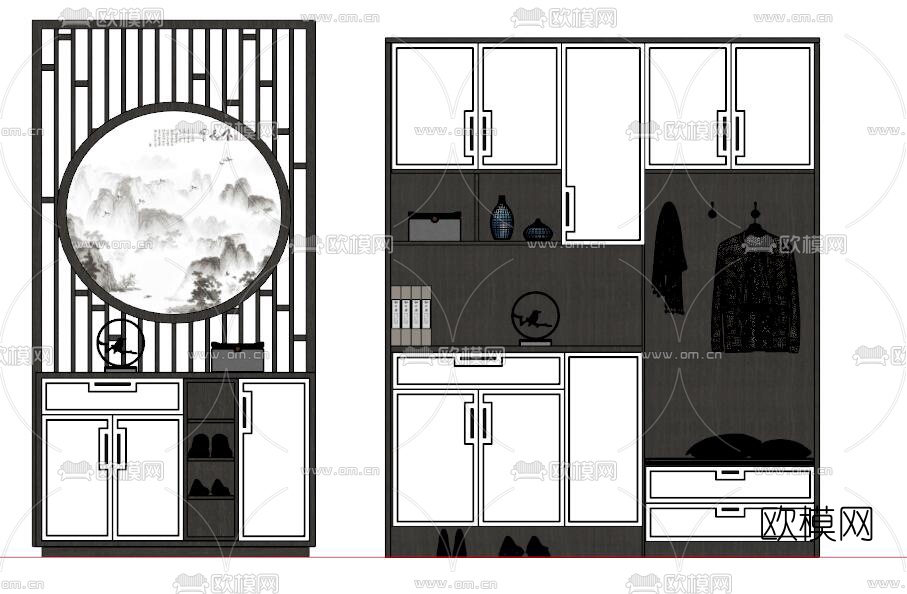 新中式实木多功能鞋柜su模型下载