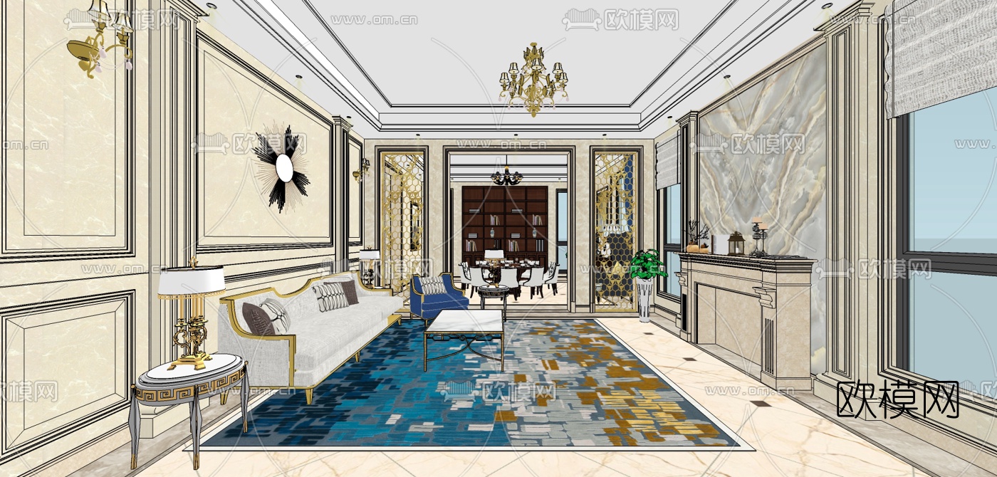 欧式客厅su模型下载（渲染图1）