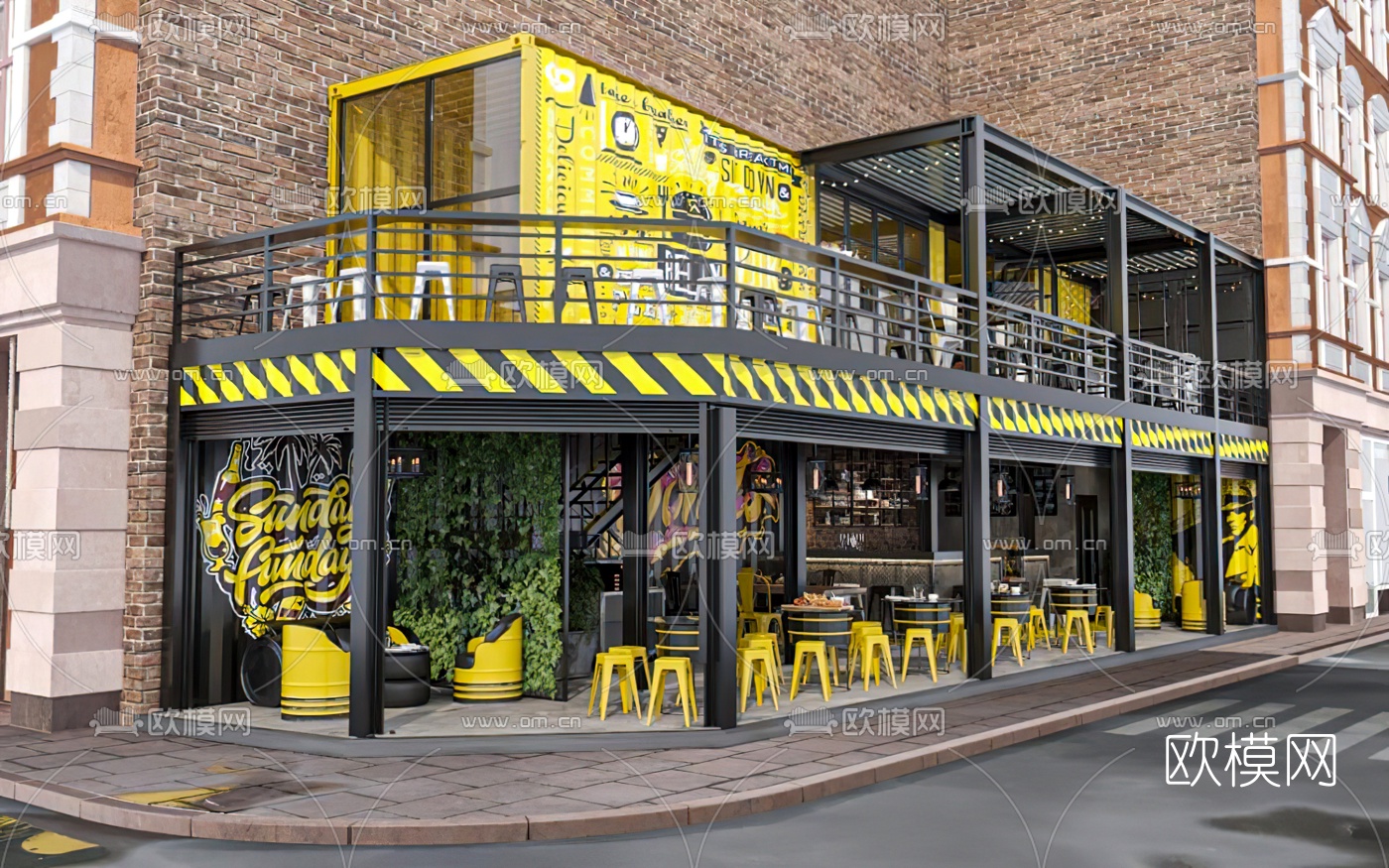 工业风双层咖啡厅3d模型下载（渲染图1）