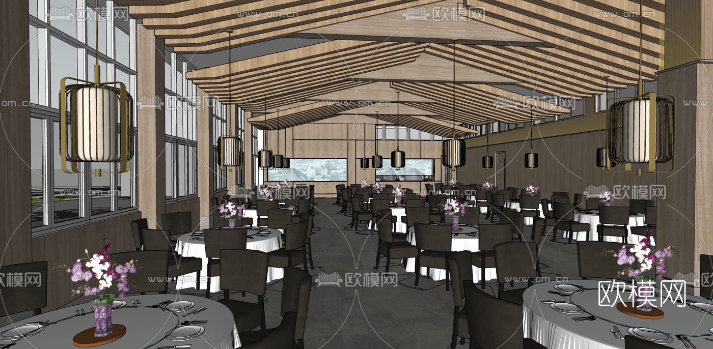 新中式中餐厅农家乐山庄su模型下载（渲染图1）