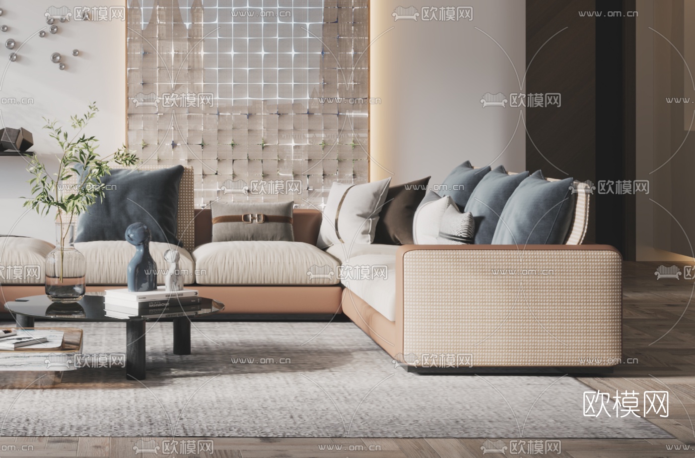 现代布艺转角沙发组合3d模型