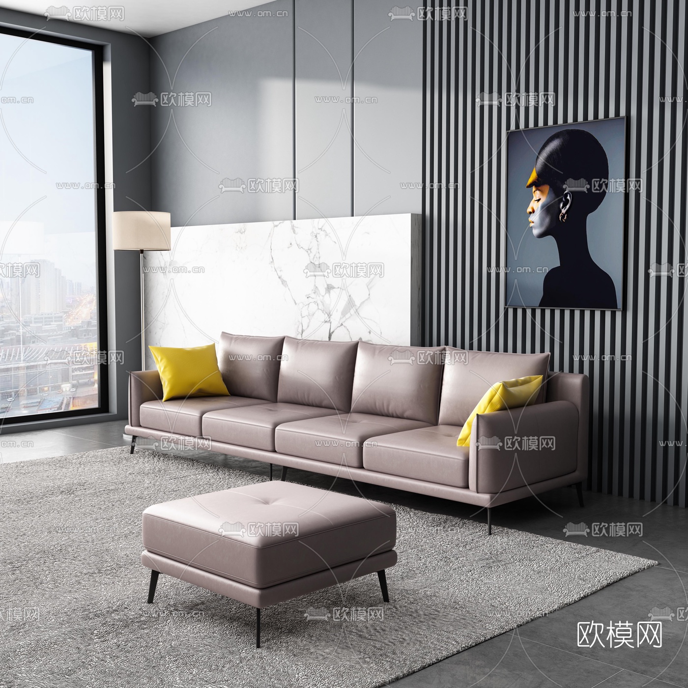 现代皮革多人沙发免费3d模型-免费3dmax模型库-欧模网
