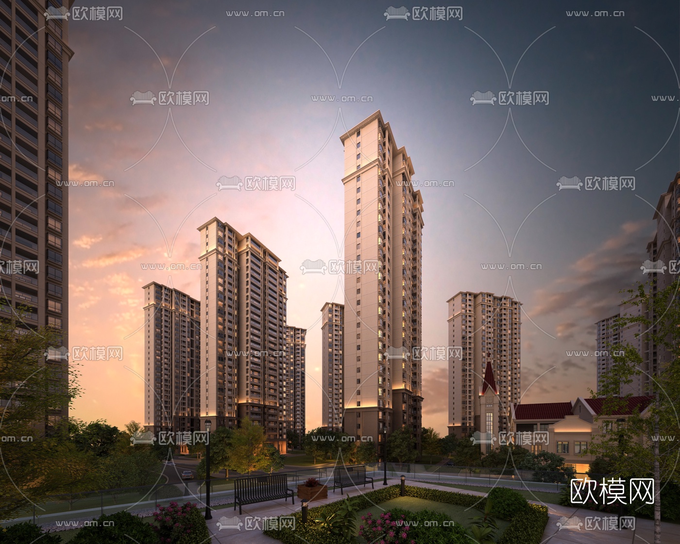 简欧高层住宅小区建筑外观3d模型下载
