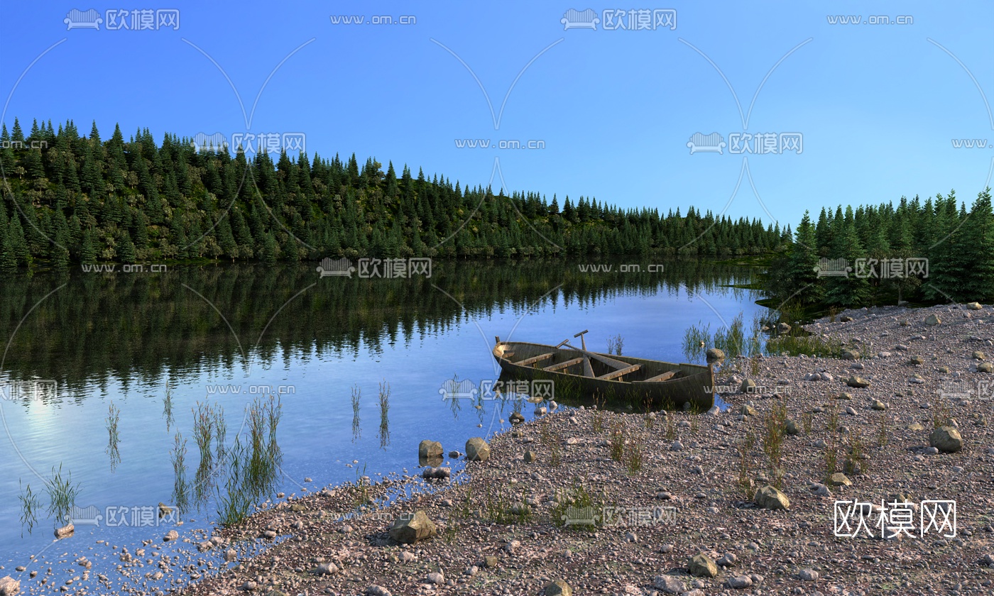 自然风河滩河流木船山林景观3d模型