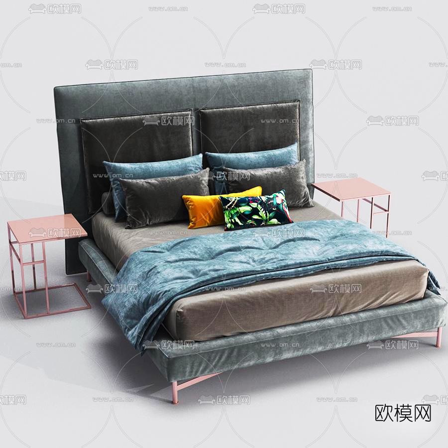 北欧绒布双人床免费3d模型下载
