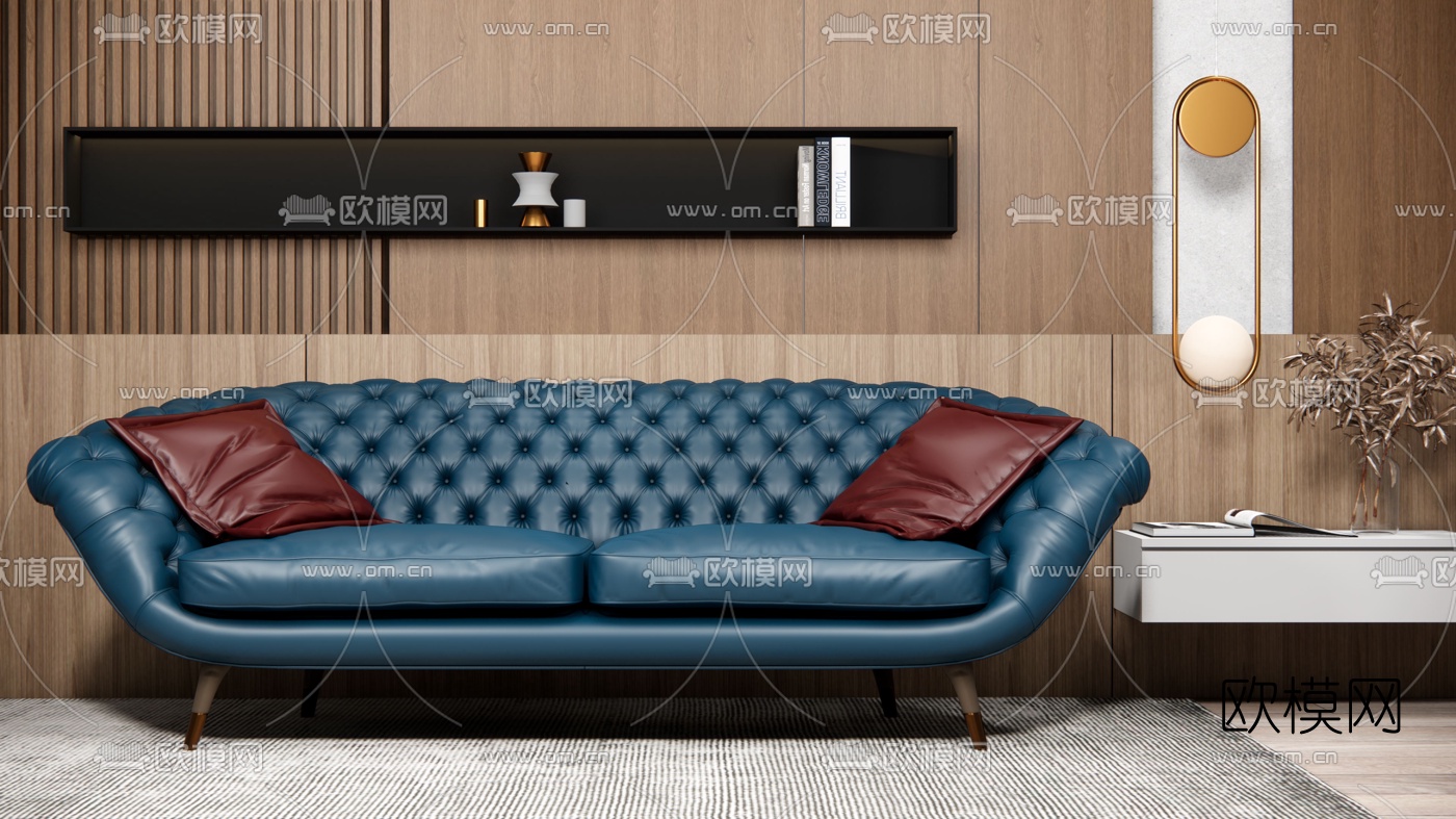 现代皮革双人沙发su模型下载（渲染图1）