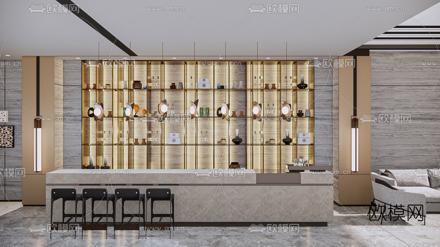 现代酒店大堂su模型下载（渲染图1）