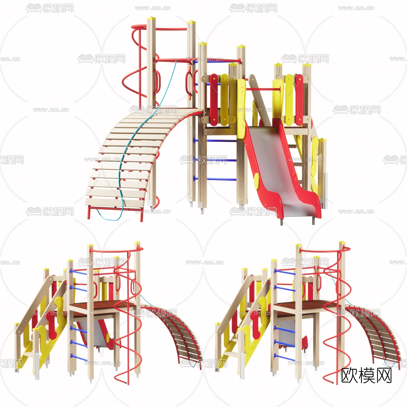 现代木质儿童攀爬滑梯组合游乐设施3d模型下载（渲染图1）
