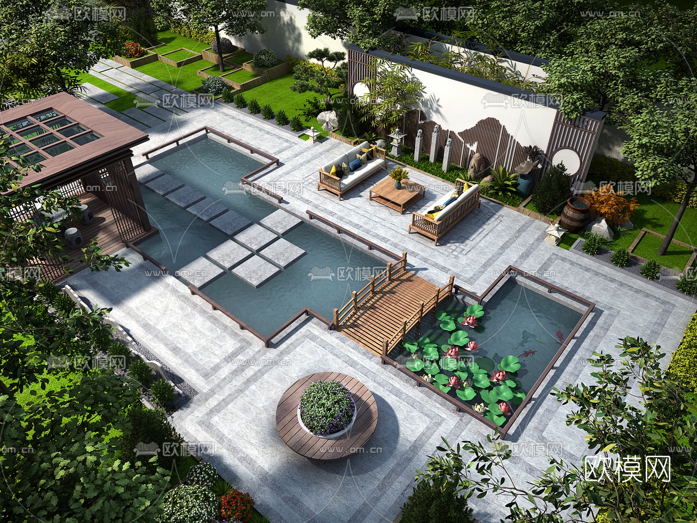 新中式庭院花园鸟瞰3d模型下载_ID11581076_3dmax免费模型-欧模网